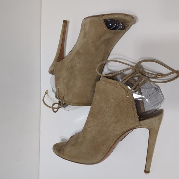 Aquazzura Firenze Tan Suede Leather Covered Lace-Up Heels size EU 37.5 US 7 - Picture 4 of 13